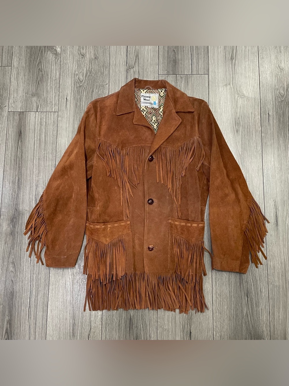 Vintage Pioneer Wear Brown Fringe Leather Jacket Size 38 Seude Western Hippy